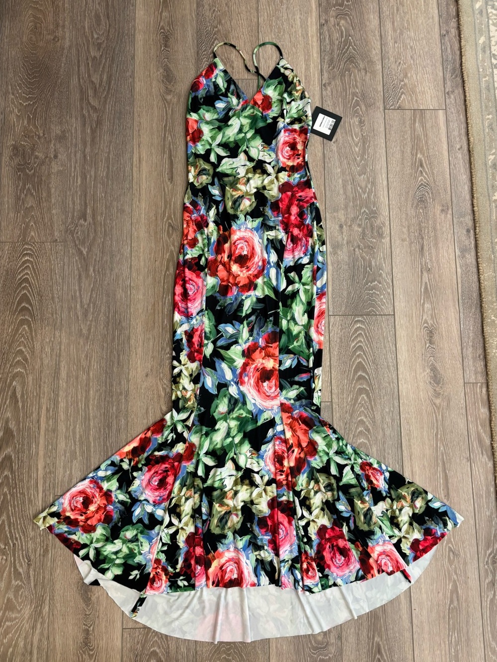 NWT Norma Kamala Low Back Slip Fishtail Gown Rose Garden - Size Large